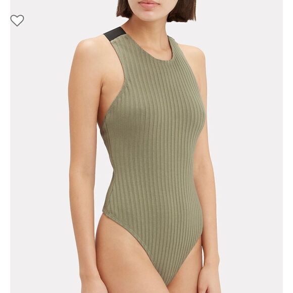 The Range Tops - The Range Olive High Neck Large Ribbed Stappy Back Cotton Body Suit X-Small